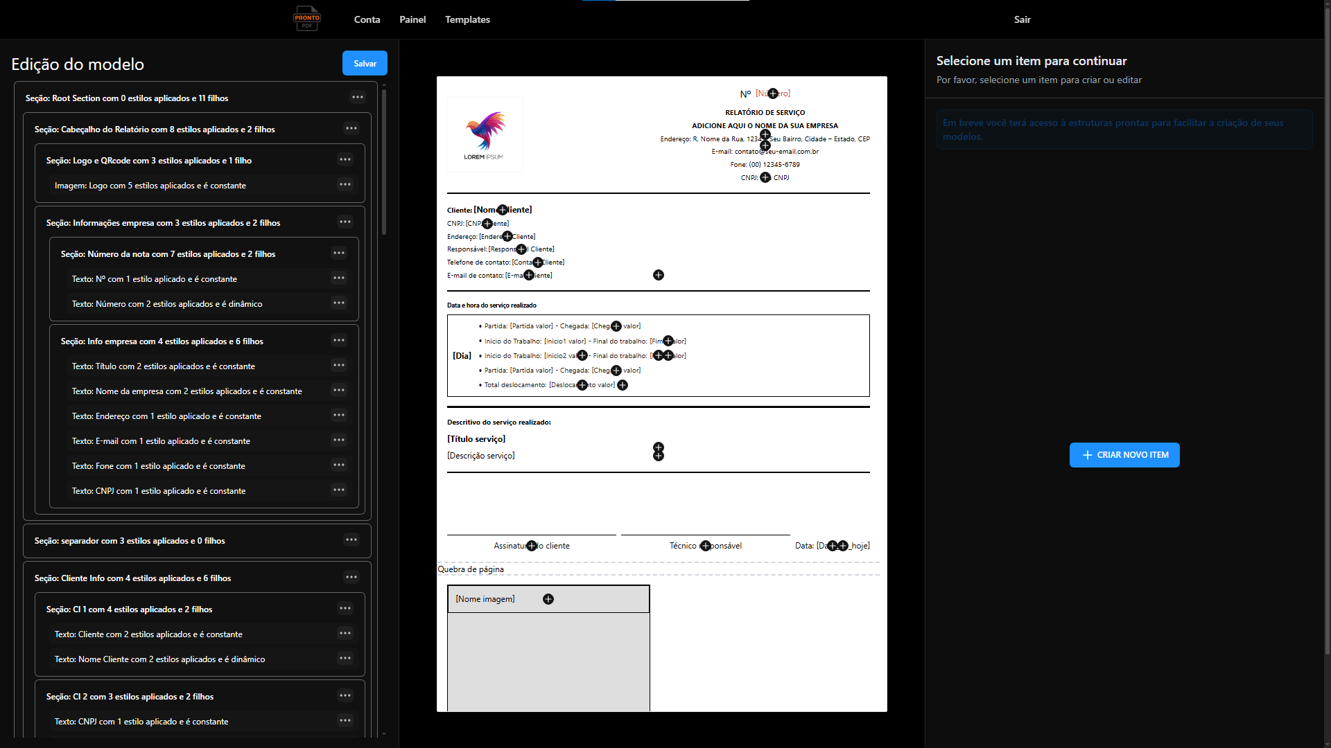 Página de edição de modelo