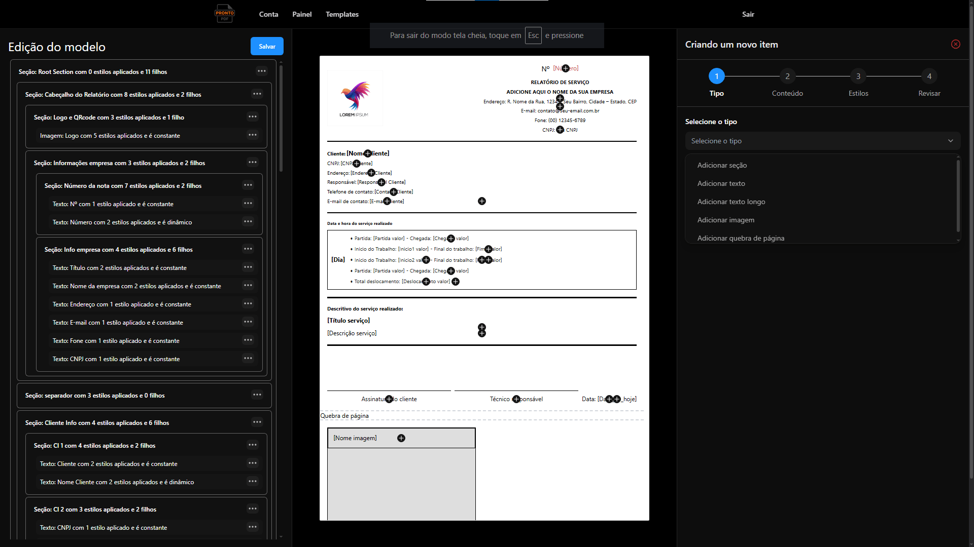 Tipos de componentes do modelo